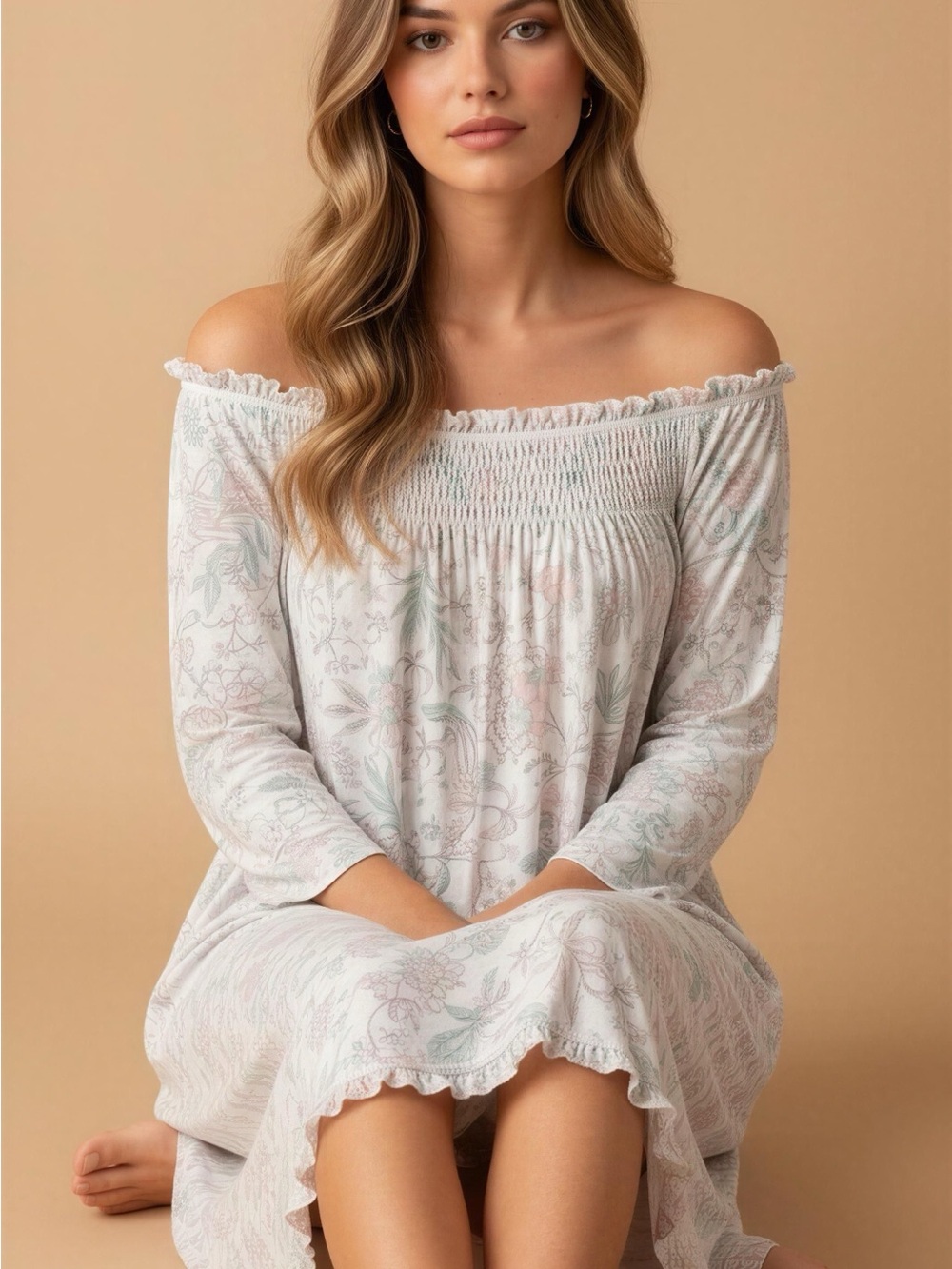 Miss Elaine Nightgown Floral Designer Gown Small Lace Long Sleeves S oversized